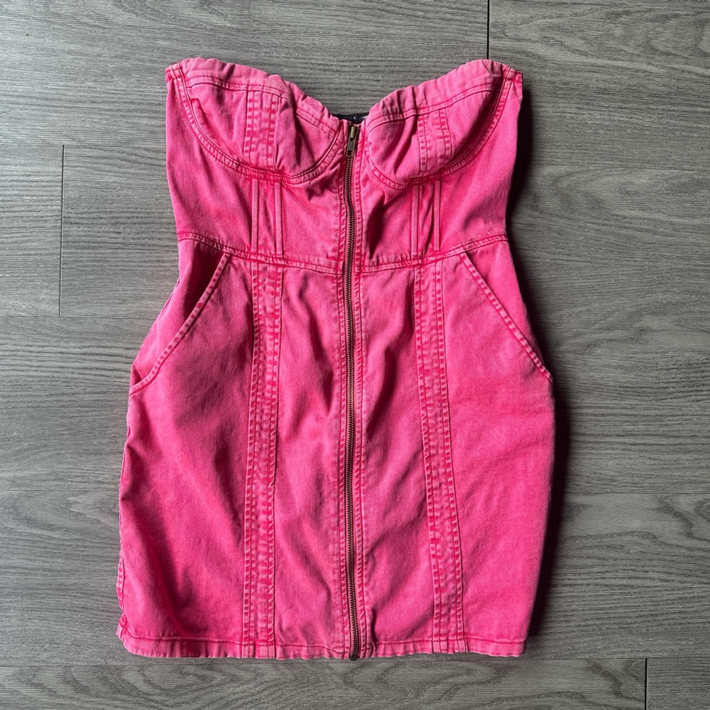 Vintage Pink Strapless Denim zipper Dress